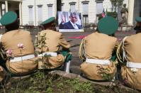 Members of the Ethiopian Defense Forces Band await the arrival of US President Barack Obama for a welcoming ceremony at the National Palace in Addis Ababa on July 27, 2015