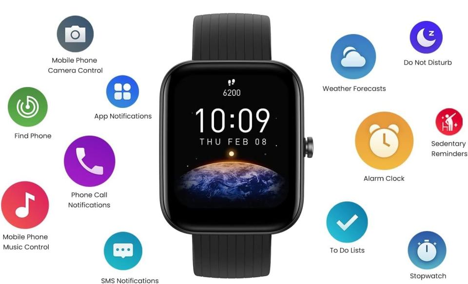 The Amazfit Bip 3 Pro shown with icons representing various features.