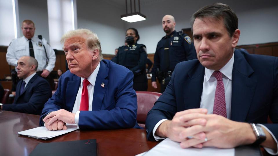 PHOTO: Former President Donald Trump and his attorney Todd Blanche (R) attend his trial at Manhattan Criminal Court on May 6, 2024 in New York City. (Win Mcnamee/Getty Images)