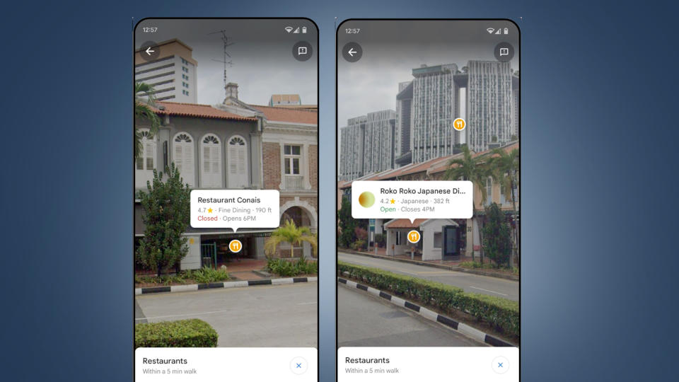 Two phones on a blue background showing the Google Maps Lens in Maps feature