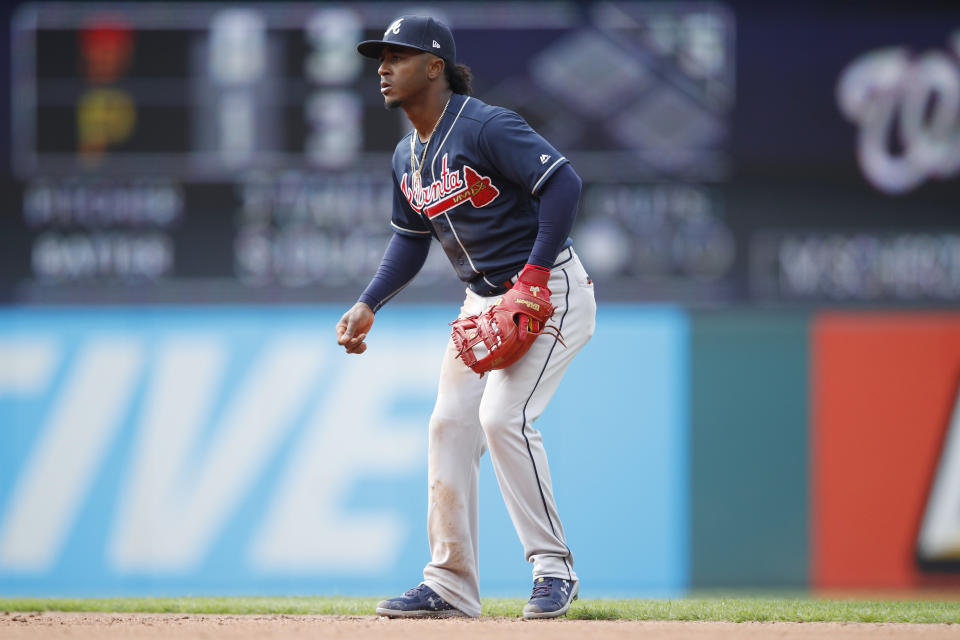 CLEVELAND, OH - APRIL 20: Ozzie Albies #1 of the Atlanta Braves plays defense at second base during game one of a doubleheader against the Cleveland Indians at Progressive Field on April 20, 2019 in Cleveland, Ohio. (Photo by Joe Robbins/Getty Images)