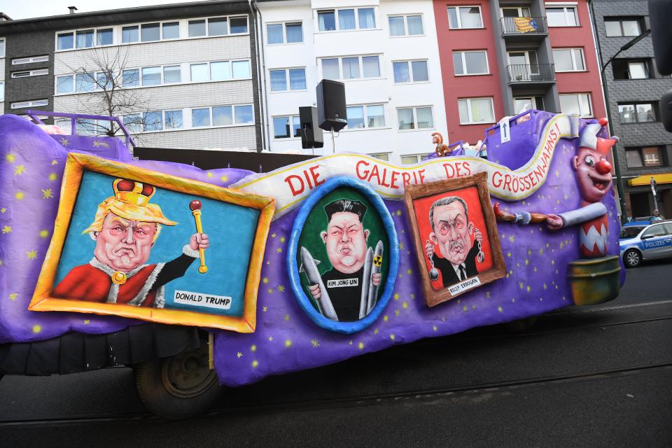 <p>A carnival float, depicting world’s leaders, is pictured during a carnival parade on Rose Monday on Feb. 12, 2018 in Duesseldorf, western Germany.<br> Germany. (Photo: Patrik Stollarz/Getty Images) </p>