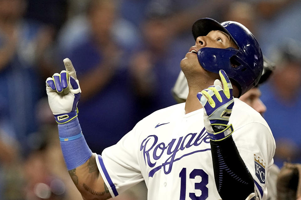 Kansas City Royals' Salvador Perez celebrates after hitting a solo home run during the third inning of a baseball game against the Cleveland Guardians Tuesday, Sept. 6, 2022, in Kansas City, Mo. (AP Photo/Charlie Riedel)