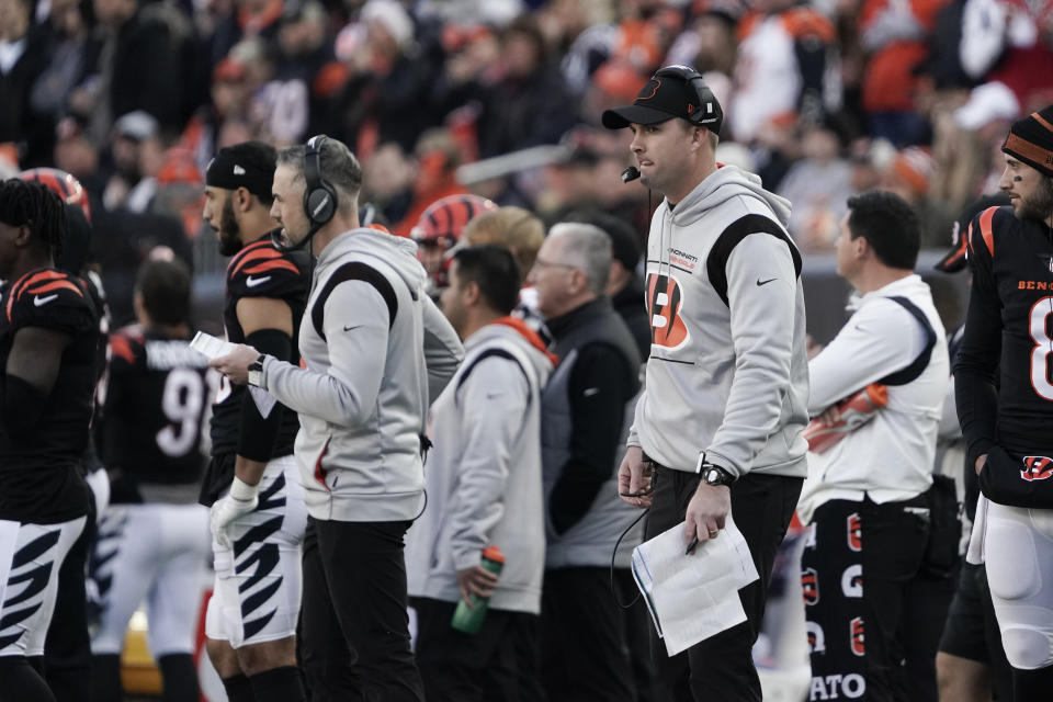 Cincinnati Bengals head coach Zac Taylor watches during the second half of an NFL football game against the Los Angeles Chargers, Sunday, Dec. 5, 2021, in Cincinnati. (AP Photo/Jeff Dean)