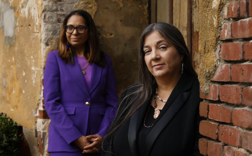 SAN GABRIEL-CA-DECEMBER 22, 2023: Sandonne Goad, Tribal Council Chairwoman of the Gabrielino/Tongva Nation, right, and Rep. Sydney Kamlager-Dove are photographed in San Gabriel on December 22, 2023. (Christina House / Los Angeles Times)