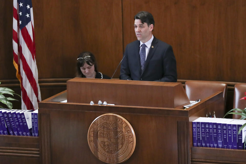 Oregon Senate President Rob Wagner speaks during a Senate session at the Oregon State Capitol in Salem, Ore., Friday, May 5, 2023. Four Republican senators and one Independent senator had unexcused absences, preventing a quorum for the third day. (AP Photo/Amanda Loman)