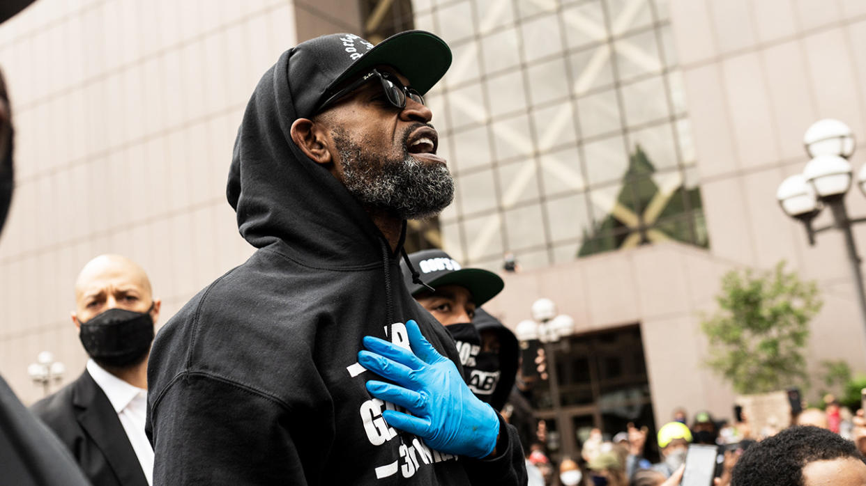 Former NBA player Stephen Jackson speaks at a protest in response to the police killing of George Floyd. (Photo by Stephen Maturen/Getty Images)