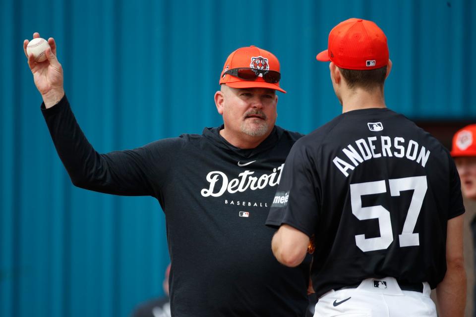 Triple-A Toledo pitching coach Doug Bochtler talks to pitcher Drew Anderson during spring training at TigerTown in Lakeland, Fla. on Friday, Feb. 16, 2024.