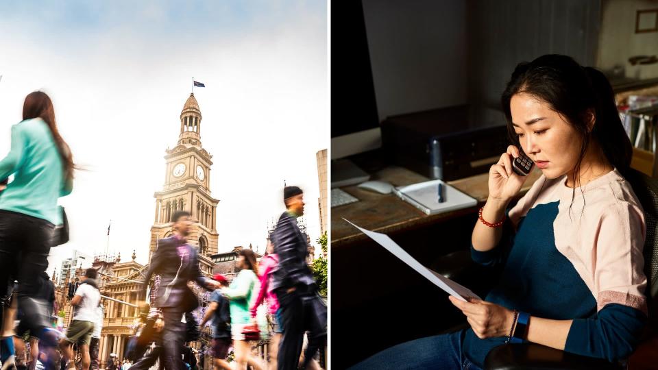 A composite image of pedestrians in Sydney, Town Hall and a woman on the phone while looking at a document. Images: Getty