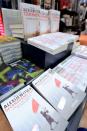 Books written by Belarus journalist and writer Svetlana Alexievich are on display at a bookshop in Berlin on October 8, 2015 after she won the 2015 Nobel Literature Prize