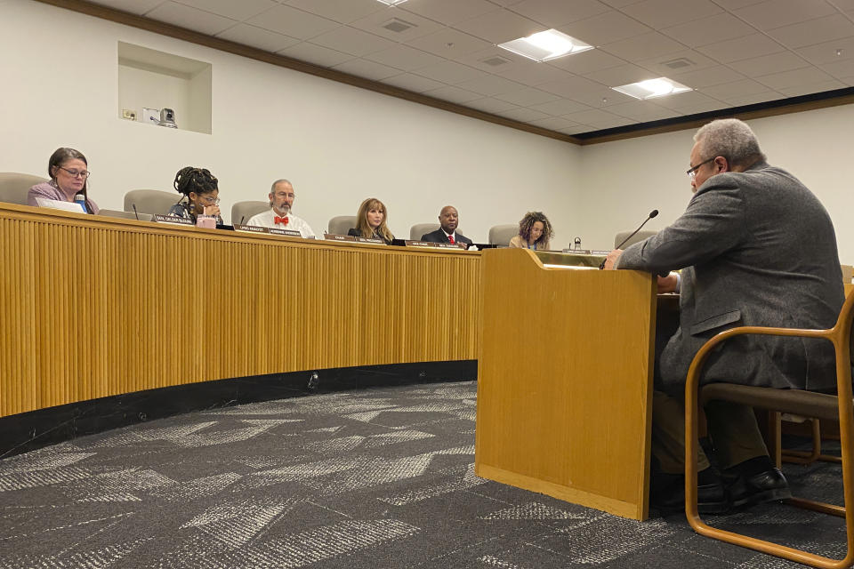 Oregon state Sen. Lew Frederick testifies in favor of a police higher education requirement bill at a legislative hearing in the Capitol building in Salem, Ore., on Tuesday, Feb. 14, 2023. The bill, for which Frederick is the chief sponsor, would require two years of higher education for police departments with less than 50 officers and a bachelor's degree for those with more than 50. (AP Photo/Claire Rush)