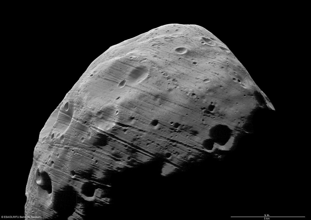 This image from ESA/NASA, obtained August 21, 2008, shows the surface of the Martian moon Phobos.