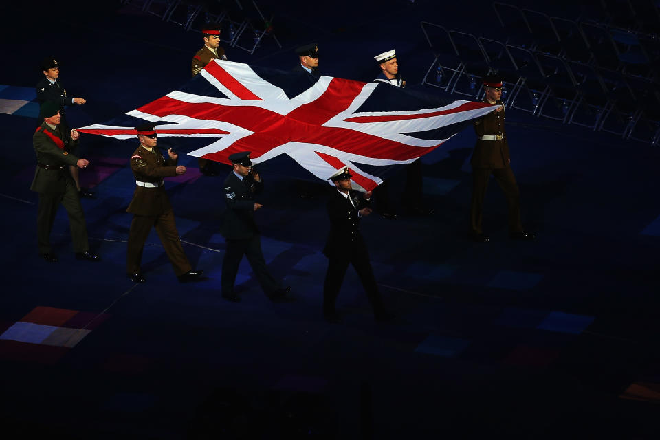 LONDON, ENGLAND - AUGUST 29: The flag of Great Britain if carried into the stadium during the Opening Ceremony of the London 2012 Paralympics at the Olympic Stadium on August 29, 2012 in London, England. (Photo by Hannah Johnston/Getty Images)