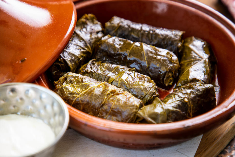 Stuffed grape leaves in a bowl