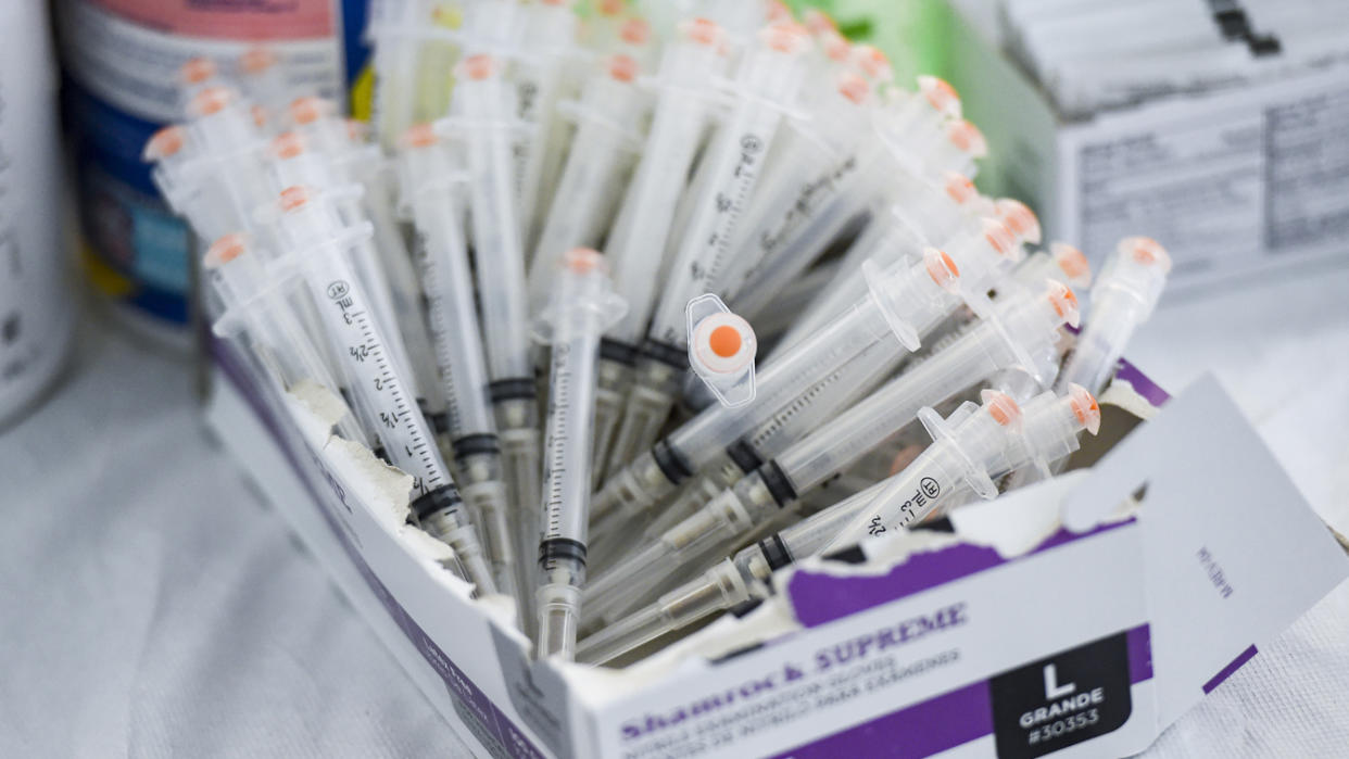 A box of syringes to be filled with COVID-19 vaccine. At the Giorgio Companies site in Blandon, PA where the CATE Mobile Vaccination Unit was onsite to administer Moderna COVID-19 Vaccines to workers Wednesday morning April 14, 2021. (Ben Hasty/MediaNews Group/Reading Eagle via Getty Images)