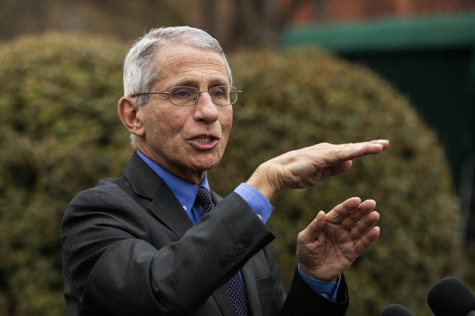 Director of the National Institute of Allergy and Infectious Diseases at the National Institutes of Health Dr. Anthony Fauci talks to reporters on the North Lawn outside the West Wing at the White House, Thursday, March 12, 2020, in Washington. (AP Photo/Manuel Balce Ceneta)