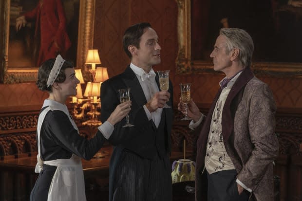 Miss Crookshanks (Sara Vickers), Mr. Philips (Tom Mison), Adrian Vleidt (Jeremy Irons) <em>"We had 20 core looks for Phillips and about a core 12 for Crookshanks," says Kasperlik</em>. Photo: Colin Hutton/Courtesy of HBO