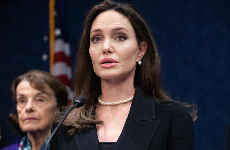 Actress Angelina Jolie speaks during a press conference announcing a bipartisan modernized Violence Against Women Act (VAWA), on Capitol Hill in Washington, DC, on February 9, 2022.