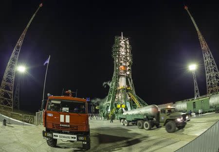 The Soyuz TMA-15M spacecraft rests on its launch pad shortly before the blast off with International Space Station (ISS) crew, Anton Shkaplerov of Russia, Terry Virts of the U.S. and Samantha Cristoforetti of Italy, at the Baikonur cosmodrome November 23, 2014. REUTERS/Shamil Zhumatov