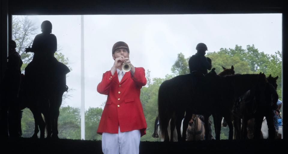 Bugler announces the first race. Opening Day of Racing at Monmouth Park in Oceanport, NJ on May 13, 2023.