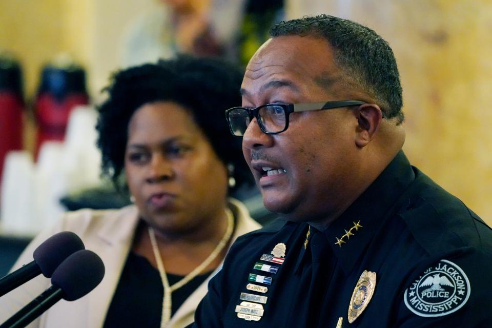 Jackson Police Assistant Chief Joseph Wade speaks during a hearing hosted by the Jackson delegation of the Mississippi Legislature at the state Capitol in Jackson on Monday, March 6, 2023.