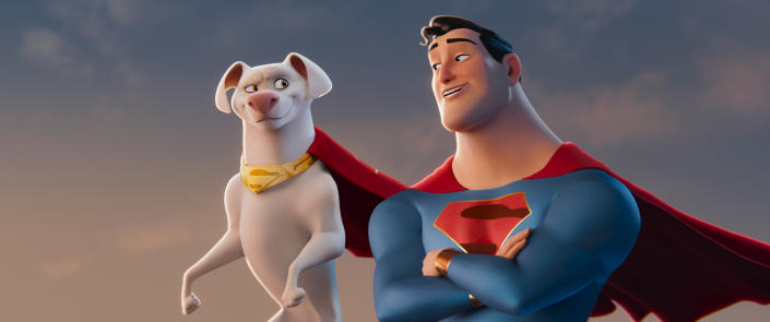 Dwayne Johnson as Krypto and John Krasinski as Superman in Warner Bros. Pictures&#x002019; animated action adventure DC League of Super Pets. (Warner Bros.)