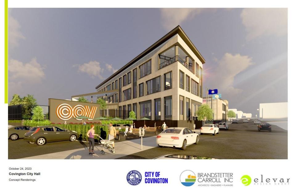 Covington's new city hall will feature a public plaza, limestone finish, a local art wall, and space for the site to keep growing, according to plans shown to the public for the first time Tuesday night.