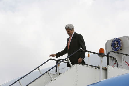 U.S. Secretary of State John Kerry arrives at Kabul International Airport for a day of meetings with Afghan leaders in Kabul April 9, 2016. REUTERS/Jonathan Ernst