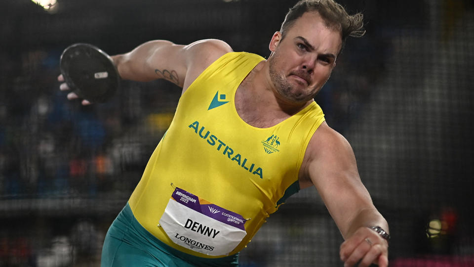 Matt Denny concentrates during his discus throw at the Commonwealth Games.