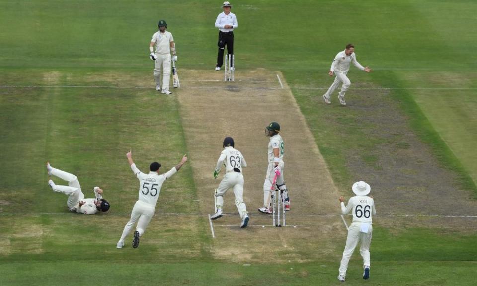 Ollie Pope (helmet) takes the catch to dismiss Faf du Plessis off the bowling of Dom Bess in England’s third Test victory over South Africa.