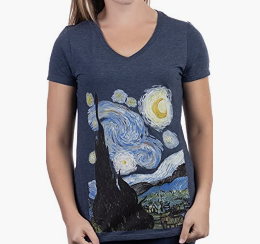 Starry Night | Vincent Van Gogh Painting Women's V-Neck T-Shirt. PHOTO: Amazon