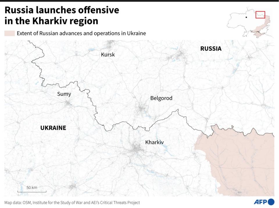 <span>Map of northeastern Ukraine locating the region of Kharkiv on the border with Russia</span><div><span>Thierno TOURE</span><span>Valentin RAKOVSKY</span><span>AFP</span></div>