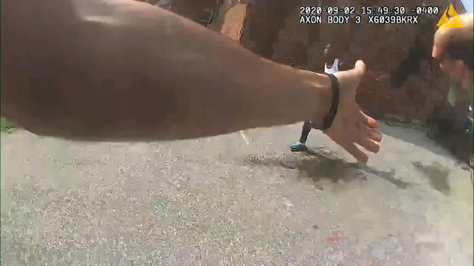 This image from video released by the Metropolitan Police Department, shows body cam video during a foot pursuit with Deon Kay in Washington, on Wednesday afternoon, Sept. 2, 2020. Police in the nation’s capital released body camera footage from the officer who fatally shot the Black 18-year-old in the chest. (Metropolitan Police Department via AP)
