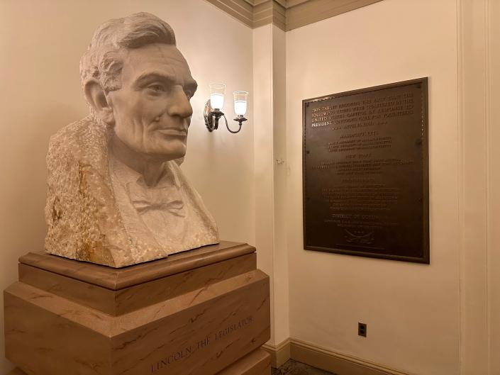 A plaque in the U.S. Capitol commemorates troops from Massachusetts, Pennsylvania, New York and Washington, D.C. who were quartered in the Capitol following President Lincoln&#39;s call for volunteers in April 1861.