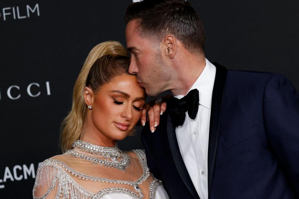 Paris Hilton and Carter Milliken Reum arrive for the 10th annual LACMA Art+Film gala at the Los Angeles County Museum of Art (LACMA) in Los Angeles, California IN 2021 (AFP via Getty Images)