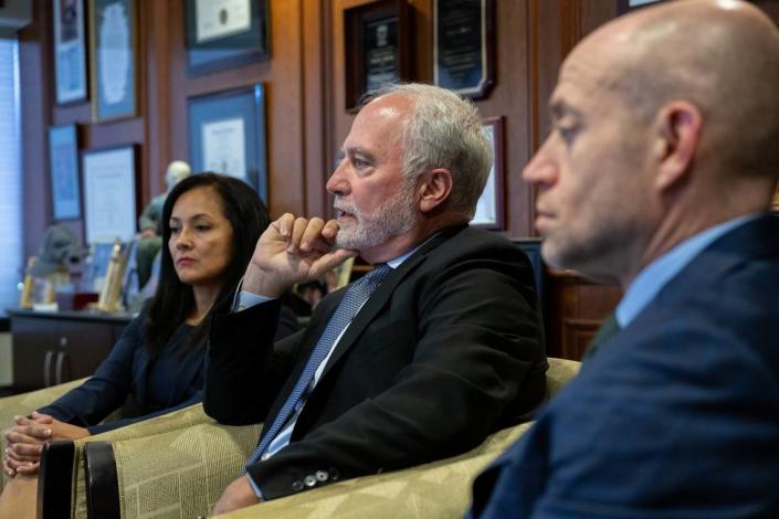 Attorneys Noemi Nunez Esparza, Roger Dreyer and Joe George Jr. talk about the $52.5 million settlement stemming from years of abuse of five children by an after-school teacher in Sacramento, Tuesday, May 16, 2023.