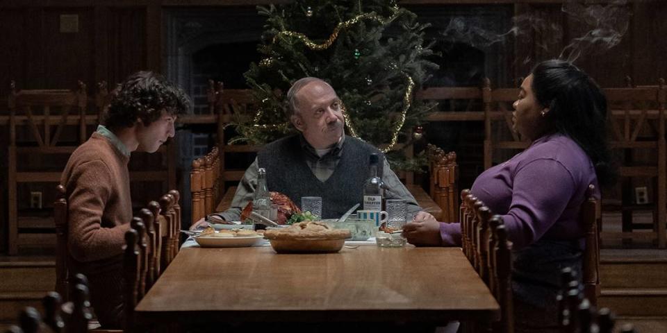 Dominic Sessa, Paul Giamatti and Da’Vine Joy Randolph in Alexander Payne’s “The Holdovers,” which takes place in a New England boarding school at Christmas time.