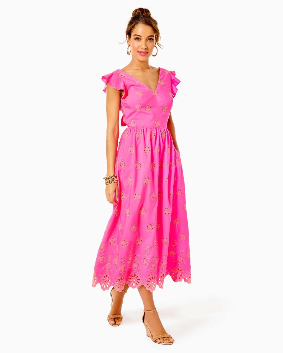 <p><a href="https://go.redirectingat.com?id=74968X1596630&url=https%3A%2F%2Fwww.lillypulitzer.com%2Flillyanne-flutter-sleeve-eyelet-midi-dress%2F889069970376.html&sref=https%3A%2F%2F" rel="nofollow noopener" target="_blank" data-ylk="slk:Shop Now;elm:context_link;itc:0;sec:content-canvas" class="link ">Shop Now</a></p><p>Lillyanne Flutter Sleeve Eyelet Midi Dress</p><p>$149.00</p><p>lillypulitzer.com</p>