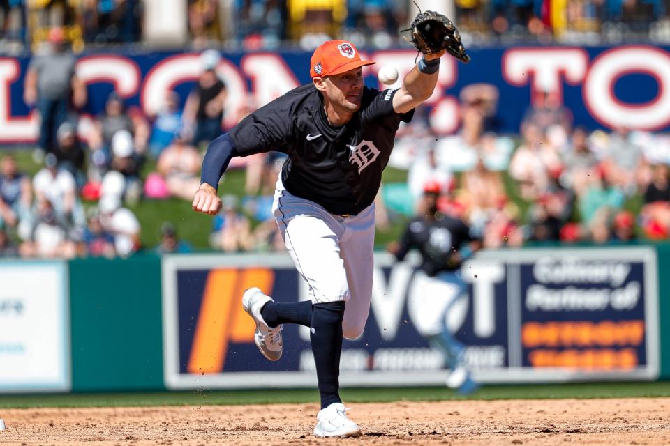 Tigers shortstop Ryan Kreidler misses the ball at second base against the Yankees during the third inning of the Grapefruit League season opener at Joker Marchant Stadium in Lakeland, Florida, on Saturday, Feb. 24, 2024.
