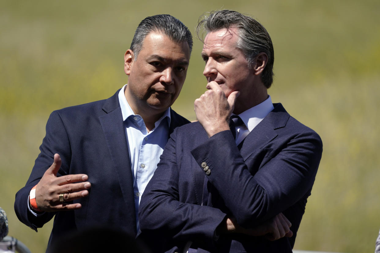 California Gov. Gavin Newsom, right, and Sen. Alex Padilla face little-known competitors in their respective primaries on Tuesday, June 7. (AP)