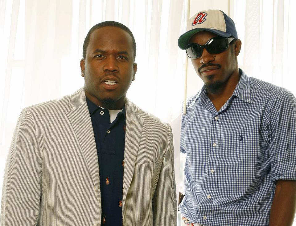 FILE - This Aug. 11, 2006 file photo shows musicians Andre Benjamin, right, and Big Boi, of the musical group Outkast in Los Angeles. OutKast is reuniting to headline the Coachella Valley Music and Arts Festival in April, ending a half-decade hiatus for one of hip-hop’s most popular and important acts. They have not released an album as OutKast since 2006’s “Idlewild,” a soundtrack. They join Arcade Fire and Muse as headliners for the festival that plays over two weekends in Indio, Calif. (AP Photo/Damian Dovarganes, File)