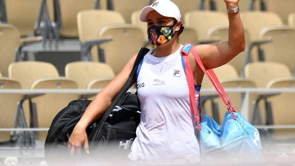 Ash Barty, pictured here after retiring hurt against Magda Linette at the French Open.