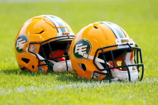 Edmonton Eskimos helmets lined up during a warm-up against the Toronto Argonauts at BMO field in Toronto on Sept. 16, 2017.