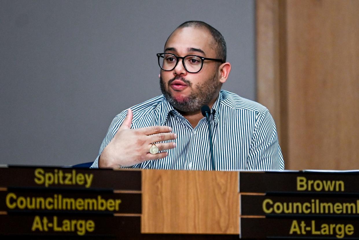 Lansing City Council member Jeffrey Brown speaks during a special meeting April 3, 2023, at City Hall in Lansing.