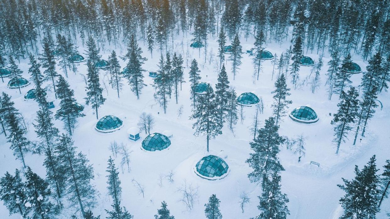 Aerial view of Glass Igloos before sunrise, Kakslauttanen Arctic Resort, Saariselka, Finland