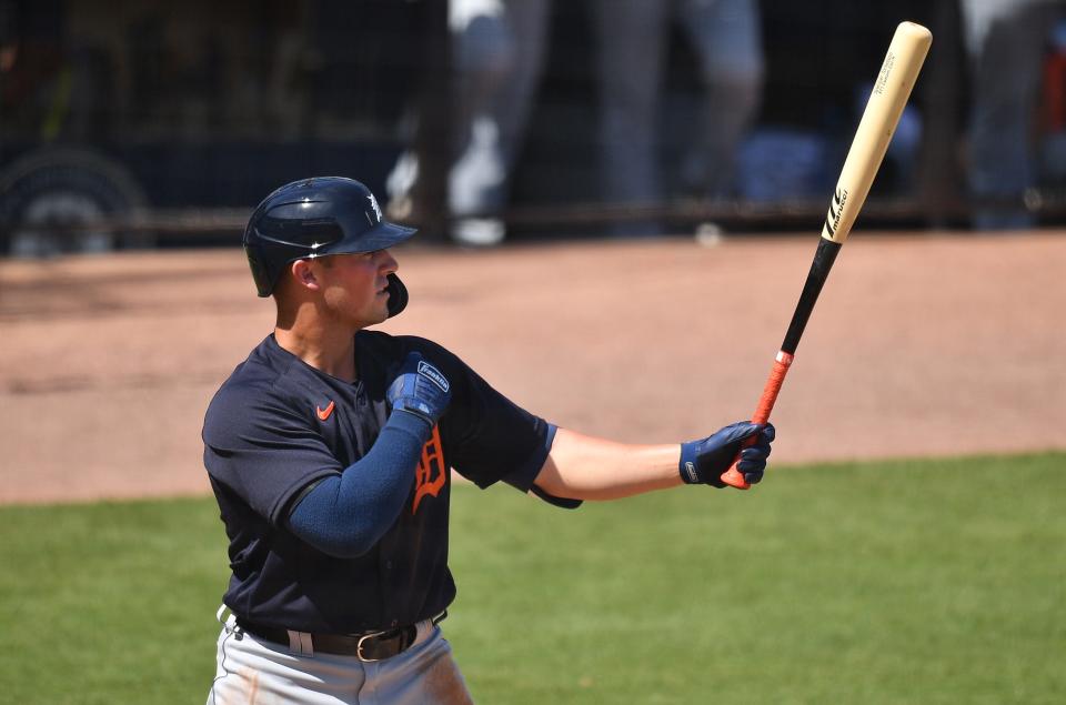 Tigers third baseman Spencer Torkelson bats in the second inning of the 1-1 tie with the New York Yankees in a spring training game on Friday, March 5, 2021, in Tampa, Florida.