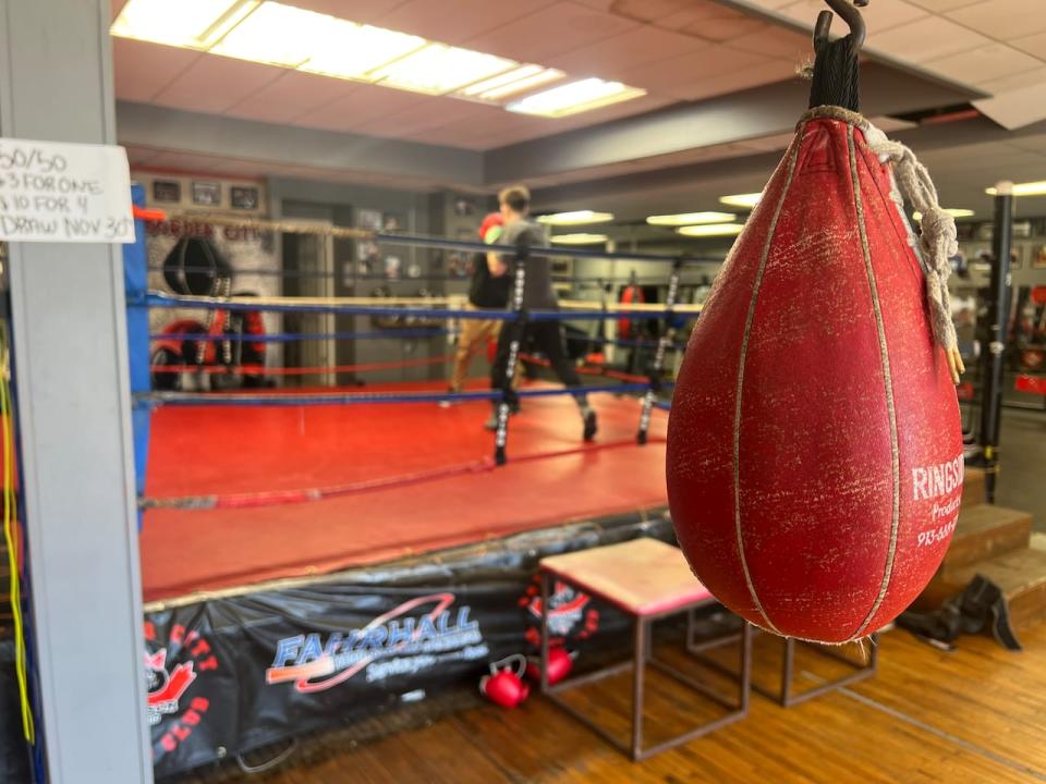 Jayden Trudell and his coach spar at the Border City Boxing ring as Trudell prepares for an Olympic qualifying tournament in December. 