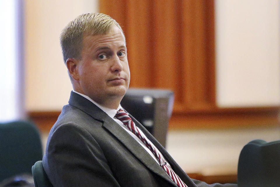 FILE - Former Idaho state Rep. Aaron von Ehlinger glances toward the gallery during his rape trial at the Ada County Courthouse on April 27, 2022, in Boise, Idaho. The former Idaho lawmaker was convicted Friday, April 29, 2022, of raping a 19-year-old legislative intern after a dramatic trial in which the young woman fled the witness stand during testimony, saying “I can’t do this.” (Brian Myrick/The Idaho Press-Tribune via AP)