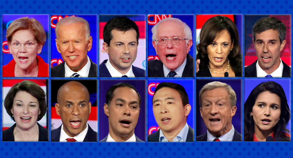 Democratic Presidential candidates: Elizabeth Warren, Joe Biden, Pete Buttigieg, Bernie Sanders, Kamala Harris, Beto O'Rourke, (bottom) Amuy Klobachar, Cory Booker, Andrew Yang, Julian Castro, Tom Steyer and Tulsi Gabbard. (Photo Illustration: Yahoo News; photos: Reuters)