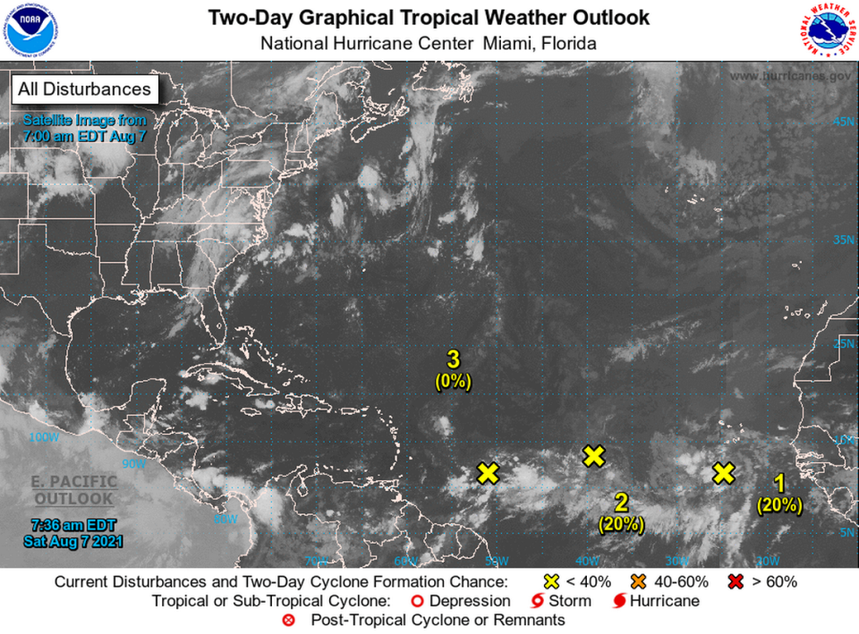 Tracking the tropics. There are three systems being monitored by the National Hurricane Center in the 8 a.m. Saturday, Aug. 7, 2021 advisory.